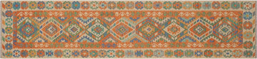 Flat Weave Kilim, Antique, Navaho, Vintage, Handmade, Geometric Kilim Blue Beige Hand-Woven Runner 100% Wool Area Rug 3 x 13